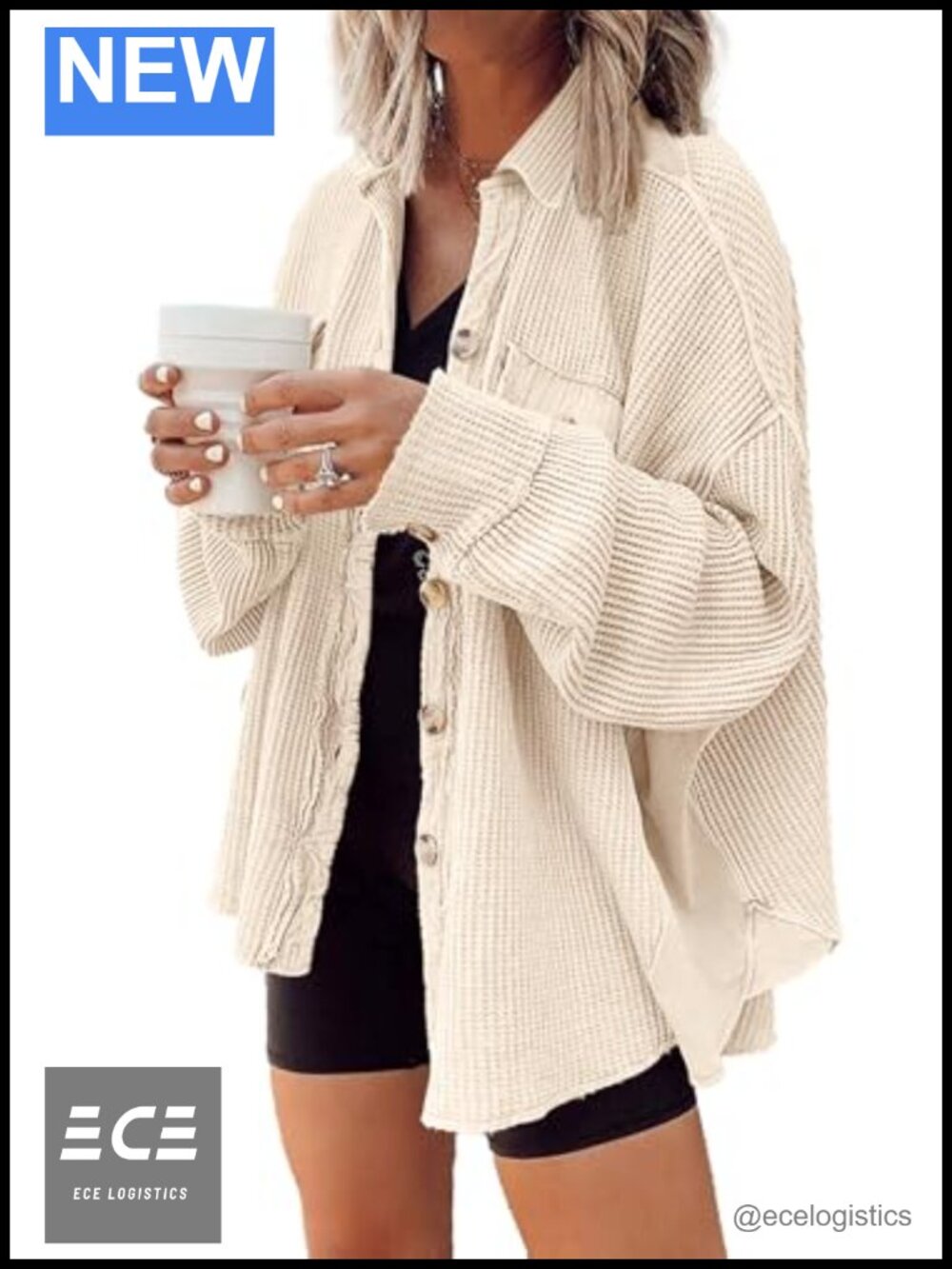 Waffle Knit Oversized Button Down Shacket Long Sleeve Lightweight Shirt Jacket
